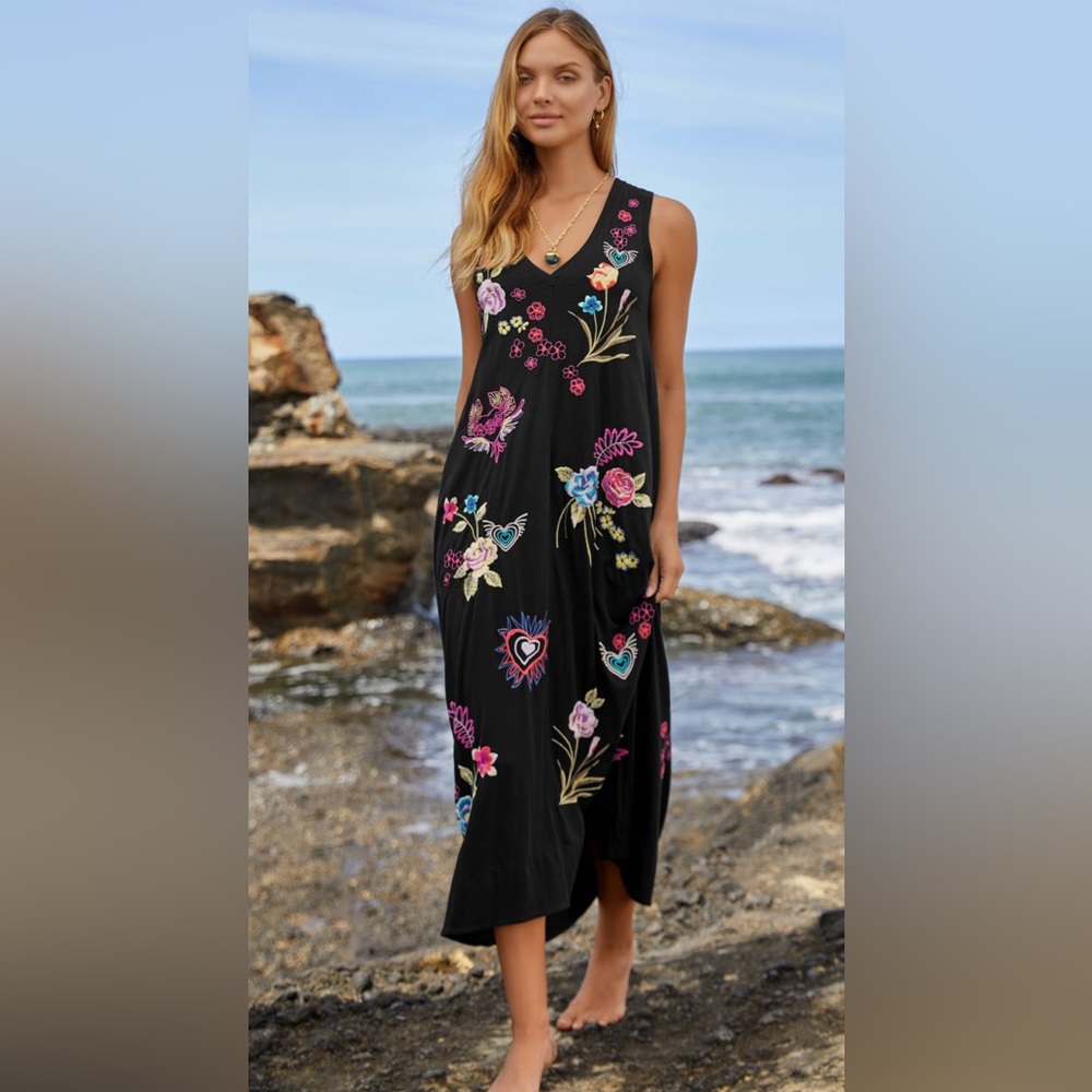 Johnny Was Jessi Knot V-neck Floral Embroidered Black Maxi Dress - Picture 1 of 3